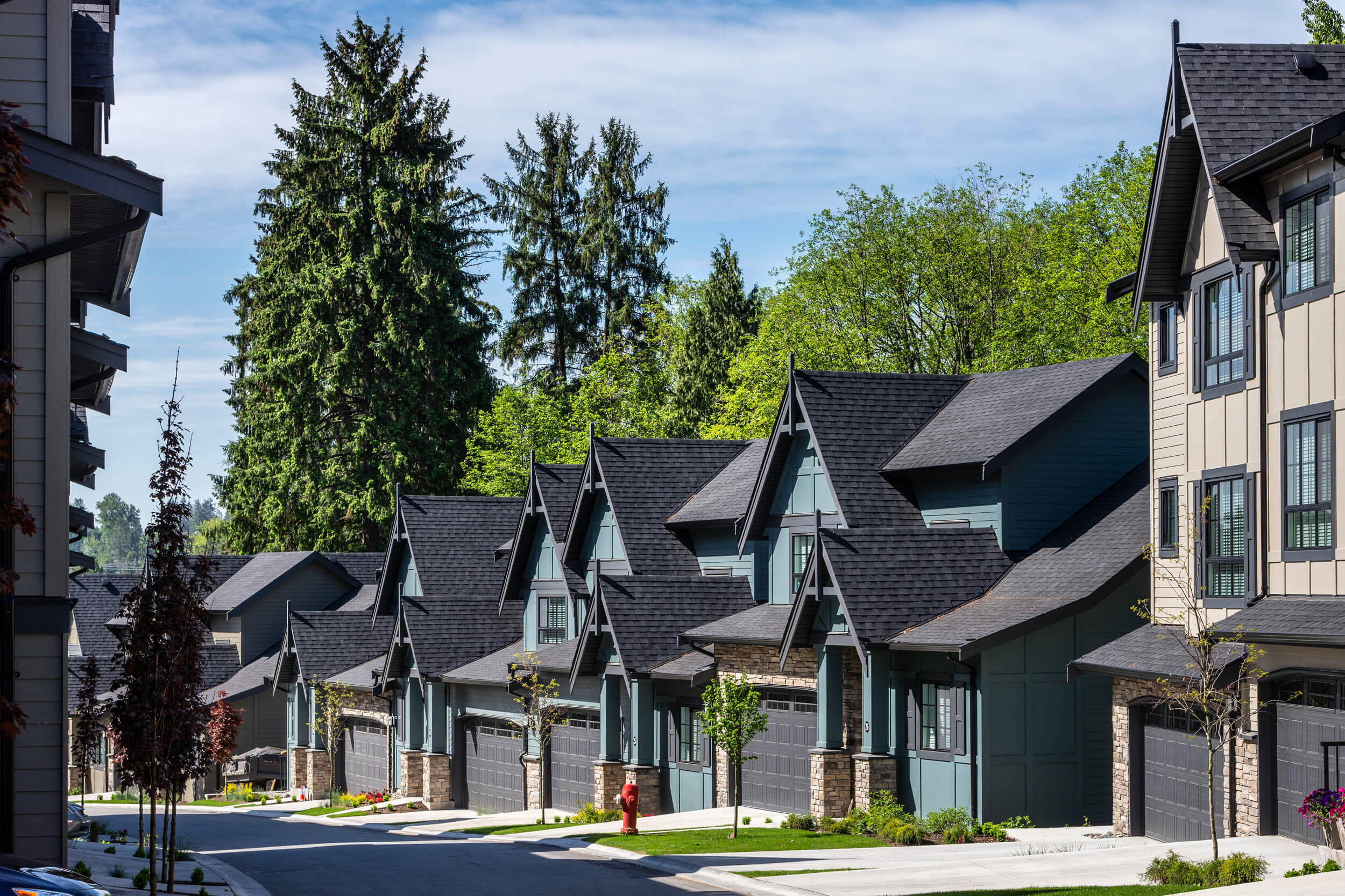 The “The Links” development is a residential townhouse project in Surrey; The Links Residences has 55 units. Design by Group 161 | Atelier Pacific Architecture.